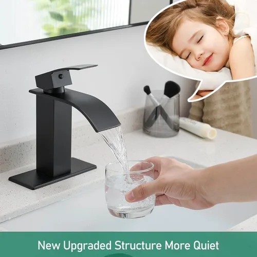 Vista 4 de VOTON Grifos de Baño Negros Modernos de Cascada para Lavabo de Baño Grifo de Baño Negro Mate de Una Sola Manija para 1 o 3 Agujeros con Placa
