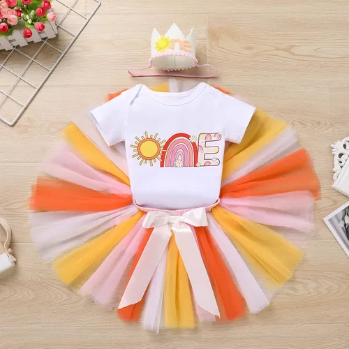 Vista 4 de ODASDO Sunshine - Conjunto de 3 piezas de traje de cumpleaños para bebé niña de un año de edad, fiesta de pastel de algodón con tutú y diadema