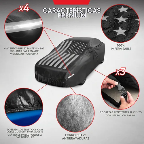 Vista 5 de Motor Trend Funda impermeable para automóvil con bandera de Estados Unidos, protección para todo tipo de clima, resistente a los rayos UV Bandera
