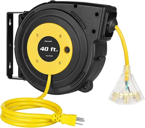 Vista 15 de DEWENWILS Carrete de Cable de Servicio Pesado, Cable de Extensión de Alimentación Retráctil de 40 Pies, 12AWG/3C SJTOW, 3 Tomas Triples Iluminadas