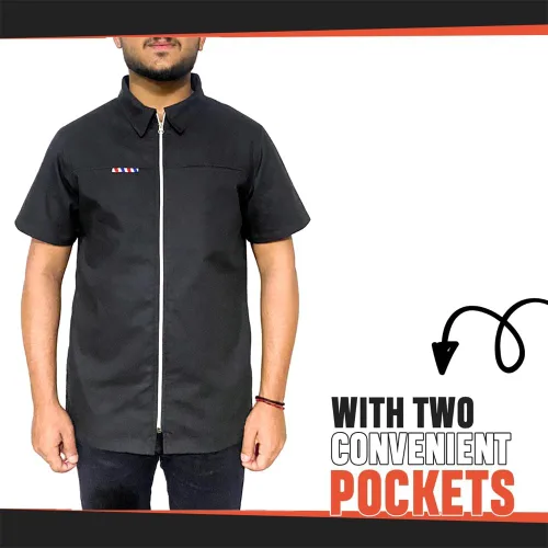 Vista 3 de Chaqueta de peluquero profesional Camisa de media manga para hombre, color negro, bata para peluquería