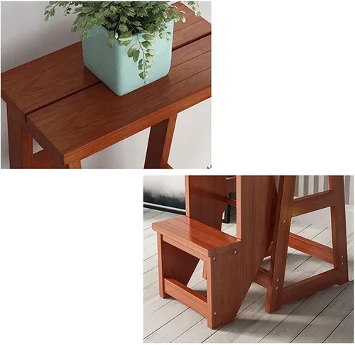 Vista 6 de Taburete portátil 2 en 1, taburete plegable multifuncional de madera de 2 escalones, taburete de escalera multifuncional, silla de banco