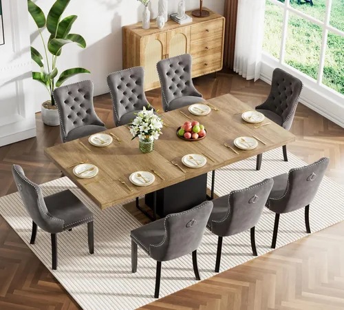 Vista 114 de Juego de mesa de comedor extensible marrón de 63 a 78.74 pulgadas para 4, juego de mesa de comedor de 5 piezas con 4 sillas, mesa de cocina