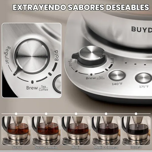 Vista 5 de BUYDEEM K176 - Tetera eléctrica multifuncional de acero inoxidable para preparar té y café, mantener el calor automático, 5 controles de sabor, 1.5L