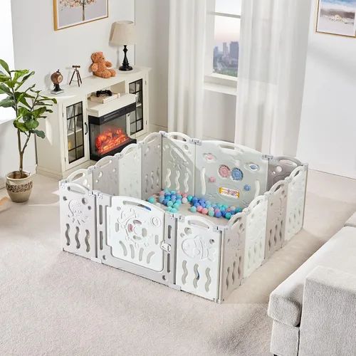 Vista 4 de Albott Corralito para bebés, valla plegable mejorada de 14 paneles con panel de juego y puerta de seguridad, forma ajustable, patios de juegos Gris