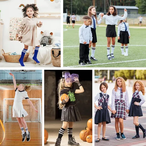 Vista 6 de Komorebi Calcetines de fútbol para niños, calcetines de tubo hasta la rodilla, calcetines de tres rayas de algodón, uniforme deportivo para niñas