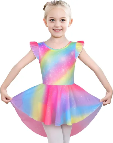 Vista 9 de iLover Vestido de leotardo clásico con tutú y mangas con volantes para niñas, para danza, gimnasia y ballet Negro