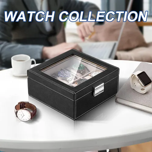 Vista 7 de BareTulip Caja organizadora de reloj para hombre, caja de reloj con 6 ranuras, caja de reloj de piel sintética con ventana de vidrio y cerradura