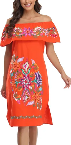 Vista 3 de YZXDORWJ Vestido bordado mexicano para mujer, cuello con volantes, sin mangas
