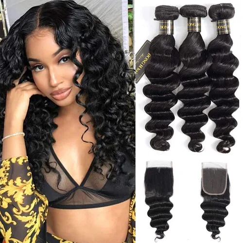 Vista 10 de Mechones de cabello suelto con ondas profundas peruanas con cierre, (16"18"20"+14Cierre) Extensiones de cabello peruano virgen 8A con mechones