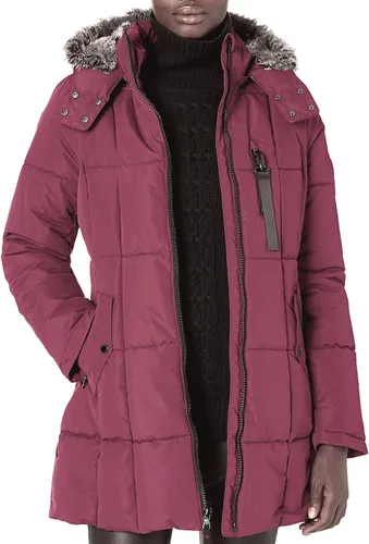 Vista 15 de Nautica Chaqueta acolchada pesada para mujer con capucha forrada de piel sintética Negro