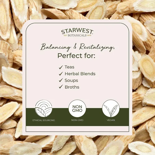 Vista 3 de Starwest Botanicals Raíz de astrágalo orgánico en rodajas, hierba seca para té, certificado Kosher, sin OMG, bolsa de 4 onzas