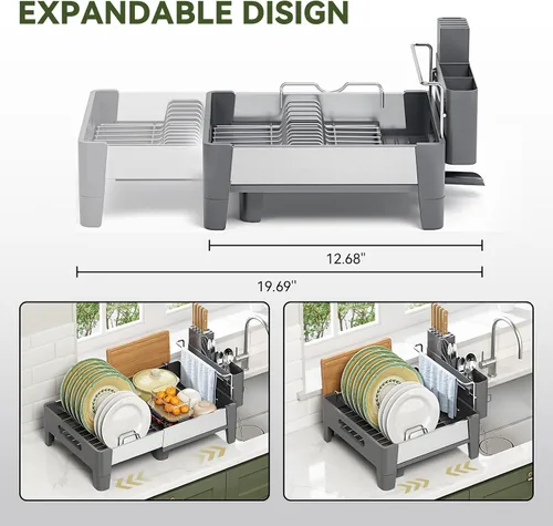 Vista 4 de Urackify Escurridor de platos expandible, escurridor de platos de acero inoxidable con marco de aluminio, escurridor de platos para encimera