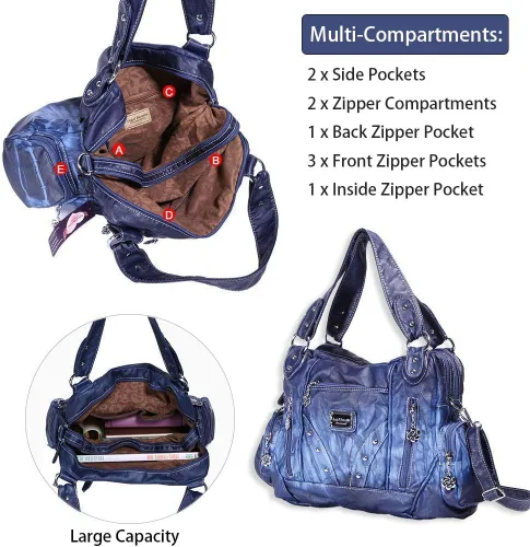 Vista 6 de Angel Barcelo Bolsos de mano de moda espaciosos para mujer, bolsos de hombro para mujer, bolso de cuero lavado