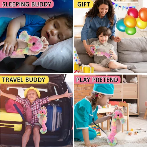 Vista 4 de DolliBu Peluche de caballito de mar arcoíris, animales de peluche súper suaves para niñas y niños, adorables criaturas marinas de peluche para niños