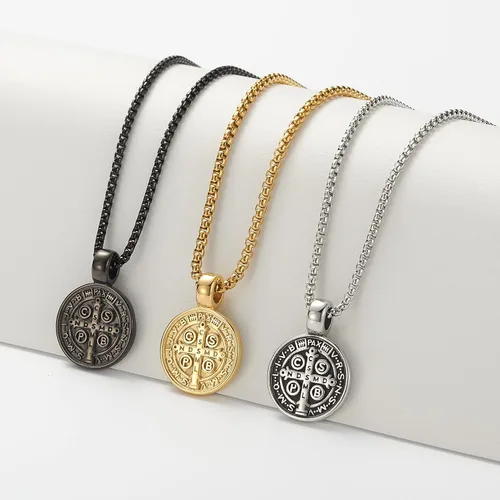 Vista 5 de FSYAEGZA Collar con colgante de medalla de exorcismo de San Benito para hombre, de acero inoxidable, colgante de cruz religiosa católica, colgante