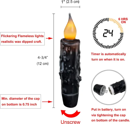 Vista 6 de CVHOMEDECO. Velas de cera real sumergidas a mano con temporizador LED con pilas, velas cónicas sin llama primitivas del país, 4-3/4 pulgadas, negro
