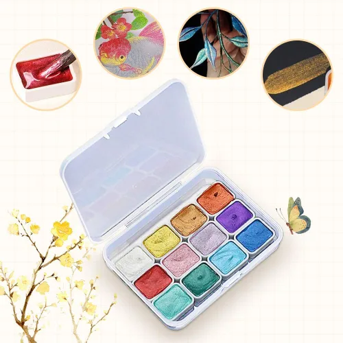 Vista 3 de Juego de pintura de acuarela de 12 colores, suministros de dibujo, juego de pinturas de acuarela metálicas brillantes, kit de pintura colorida