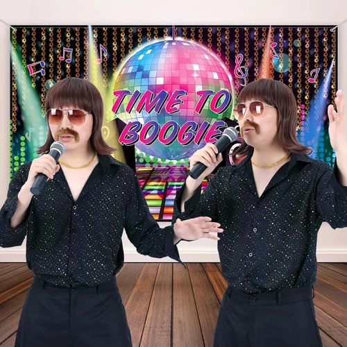 Vista 2 de morvally Juego de 5 pelucas de discoteca de los años 70 y 80 con lentes de bigote y cadena, peluca corta marrón para hombre, para cantante, rockero