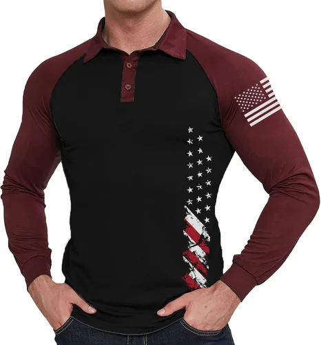 Vista 2 de BlackTeak Men's Patriotic Long Sleeve Polo Shirt Patriotic Casual American Flag Graphic Golf Polo Shirts