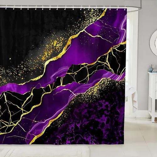 Vista 14 de Erosebridal Cortina de ducha de mármol negro, 72 pulgadas de ancho x 72 pulgadas de largo, juego de baño con grietas doradas, tela de textura