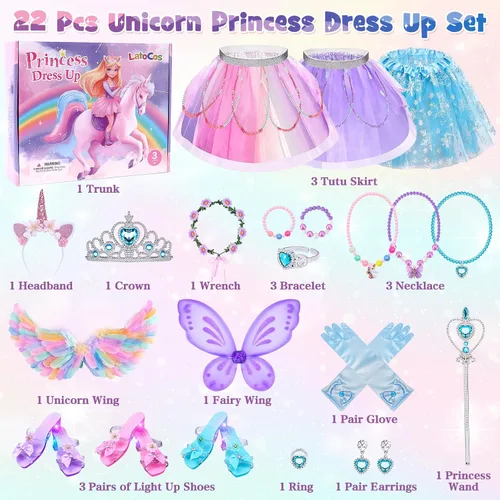 Vista 2 de Latocos Kids Princess Dress Up Clothes for Little Girls Toddlers Unicorn Flower Fairy Frozen Elsa Princess Costume Set with Tutu Dress & Light Up