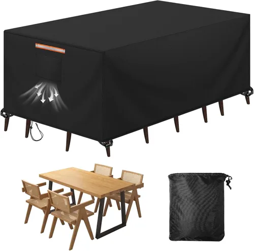 Vista 10 de Funda para silla de mesa redonda de 70 pulgadas, impermeable, 420D, resistente, resistente al viento, funda protectora para muebles de exterior Negro