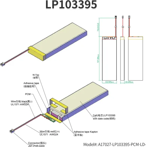 Vista 7 de Batería de polímero de litio de 3.7 V 3700 mAh 103395 recargable con cables y conector JST-PHR-02 de 2 pines para altavoz Bluetooth y dispositivo