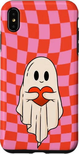 Vista 11 de Funda para iPhone 17 de San Valentín Retro Ghost Hugging Heart Checkerboard Rosa Rojo