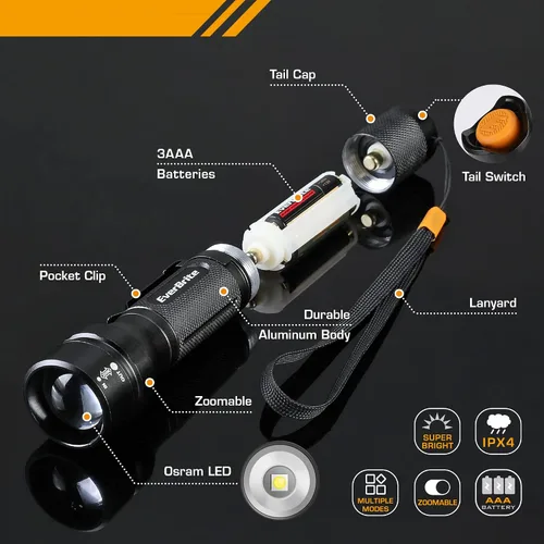 Vista 4 de EverBrite Paquete de 2 mini linternas LED superpequeñas de 150 lúmenes, linterna con zoom con cordón y clip, 3 modos, IPX4 impermeable