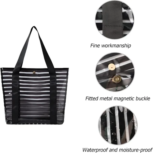 Vista 3 de forestfish Bolsa transparente aprobada para estadios bolsa de PVC a rayas reutilizable con asas para mujer Bolsa de PVC