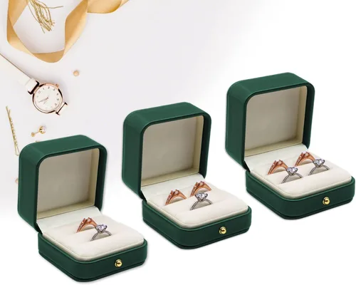 Vista 2 de Caja de compromiso de boda, caja de compromiso verde, caja cuadrada de terciopelo de cuero, caja para anillos de joyería de terciopelo de alta