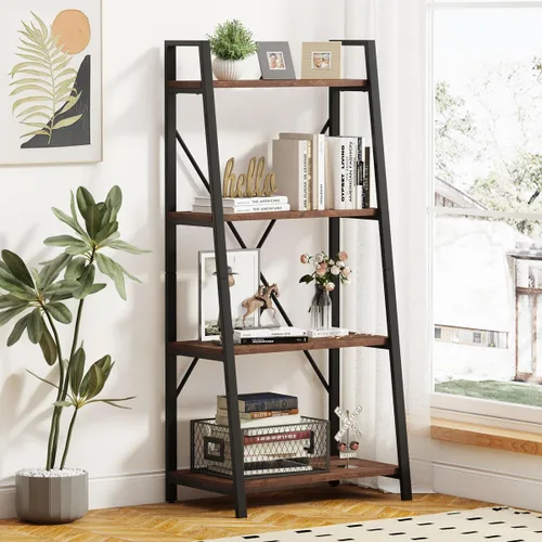 Vista 11 de BON AUGURE - Estantería de escalera, estante de 4 niveles, estantería de madera inclinada para libros para sala de estar, dormitorio, unidad