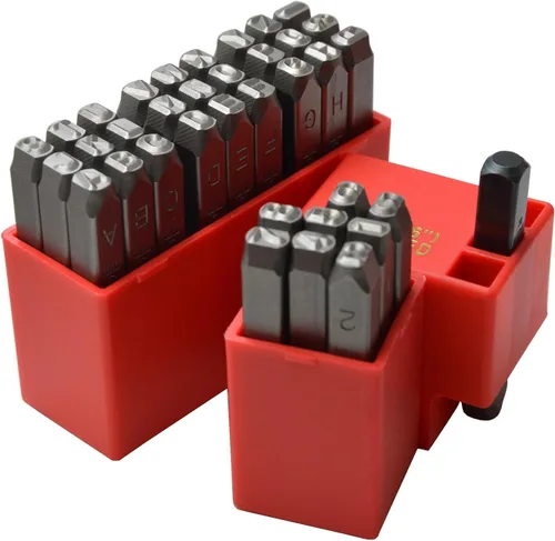 Vista 13 de Juego de 27 sellos de acero resistente con letras mayúsculas de 3/64" 1mm, kit de punzones de alfabeto para estampado a mano de caracteres, código