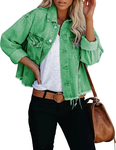 Vista 8 de Chaqueta de mezclilla para mujer, desgastada, con botones, con bolsillos.
