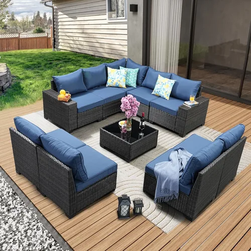 Vista 12 de JOYURE Juego de muebles de patio de 5 piezas, para todo tipo de clima, para exterior, sofá seccional de mimbre, sofá de ratán para patio con cojín