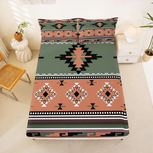 Vista 24 de Juego de ropa de cama de estilo bohemio occidental, tamaño individual, diseño de vaca atrapasueños, sábana bajera ajustable del suroeste, tribu