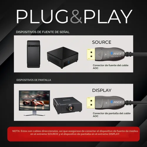 Vista 3 de OREI Cable AOC DisplayPort 2.0 8K de 15 pies - 54 Gbps, 8K a 120 Hz, 4K a