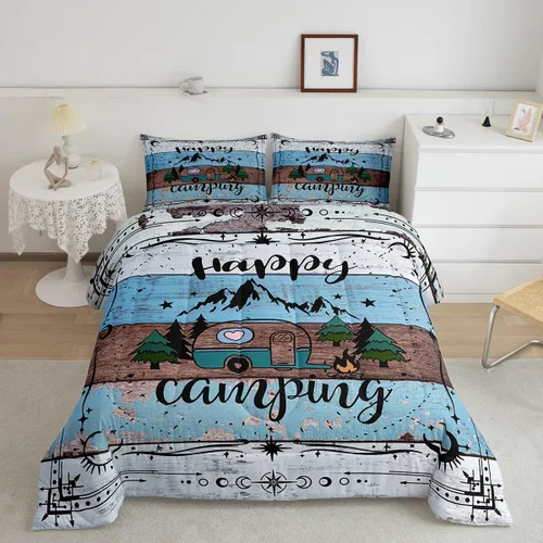 Vista 17 de Erosebridal Juego de edredón de cabaña de cabaña, juego de ropa de cama individual para niños, edredón de campamento con temática de campamento