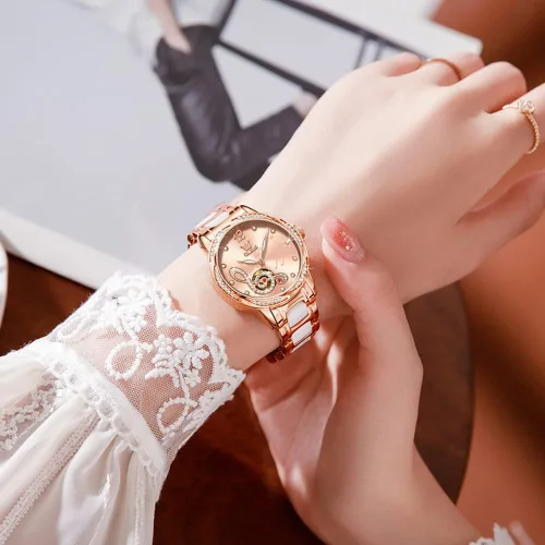 Vista 7 de OLEVS Reloj para mujer automático automático mecánico reloj de pulsera para mujer, cara grande, dos tonos, acero inoxidable, pulsera de cerámica