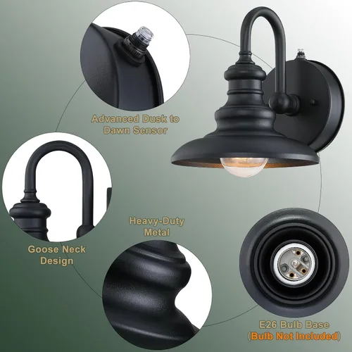 Vista 5 de LONEDRUID Aplique de Pared Exterior con Sensor de Anochecer a Amanecer Negro Luminarias de Granero con Cuello de Ganso Impermeables de Estilo Granja