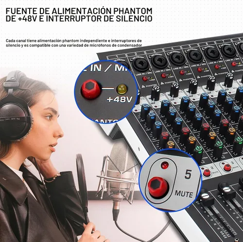 Vista 5 de Consola de mezclador de sonido profesional de 8 canales, 99 bits DSP, procesador digital de 99 bits, USB, Bluetooth, MP3 para entrada de grabación