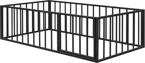 Vista 8 de Cama de suelo de tamaño individual para niños, camas Montessori con rieles y puerta, marco de cama de metal con valla para niños y niñas, color negro