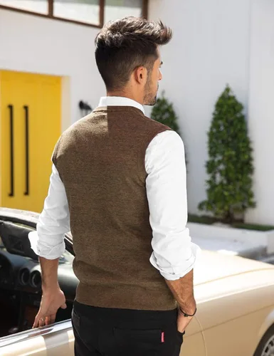 Vista 4 de COOFANDY Chaleco de suéter casual ligero con cuello en V para hombre Vino