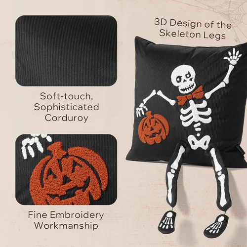 Vista 3 de Phantoscope Fundas de almohada decorativas de pana a rayas, fundas de almohada decorativas de Halloween con bordado hecho a mano, de esqueleto