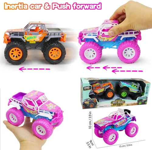 Vista 4 de Pink Toys Auto para niña pequeña, paquete de 2 camiones de juguete Push and Go de 6.3 pulgadas para niños de 3, 4, 5, 6 años, con luces LED, música