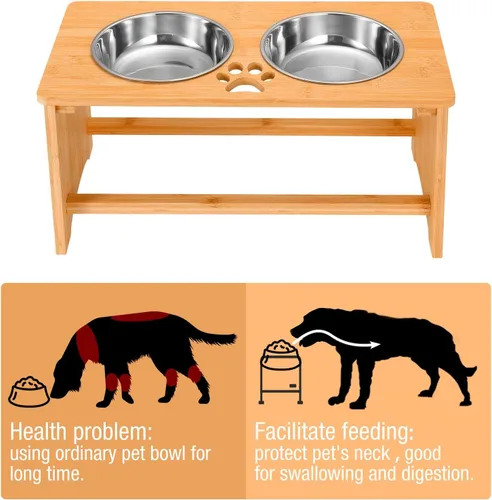 Vista 4 de Soporte elevado de bambú para perros, comedero elevado antideslizante para perros con 2 cuencos de acero inoxidable para alimentos y agua, 10