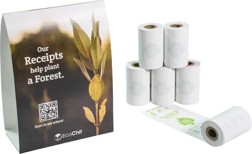 Vista 2 de Rollos de papel térmico sin fenol, 2-1/4 pulgadas x 45 pies, cada caja planta dos árboles, caja de 50