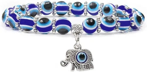 Vista 2 de Soyzvteo Pulsera de cuentas contra el mal de ojo azul Hamsa con cuentas de Hamsa, pulsera elástica de mano de Fátima turca de la suerte contra