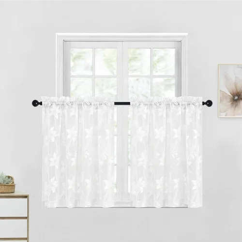 Vista 23 de DWCN Paquete de 2 cortinas traslúcidas pequeñas de encaje floral beige para cocina, cortinas traslúcidas ligeras con bolsillo para barra, cortinas
